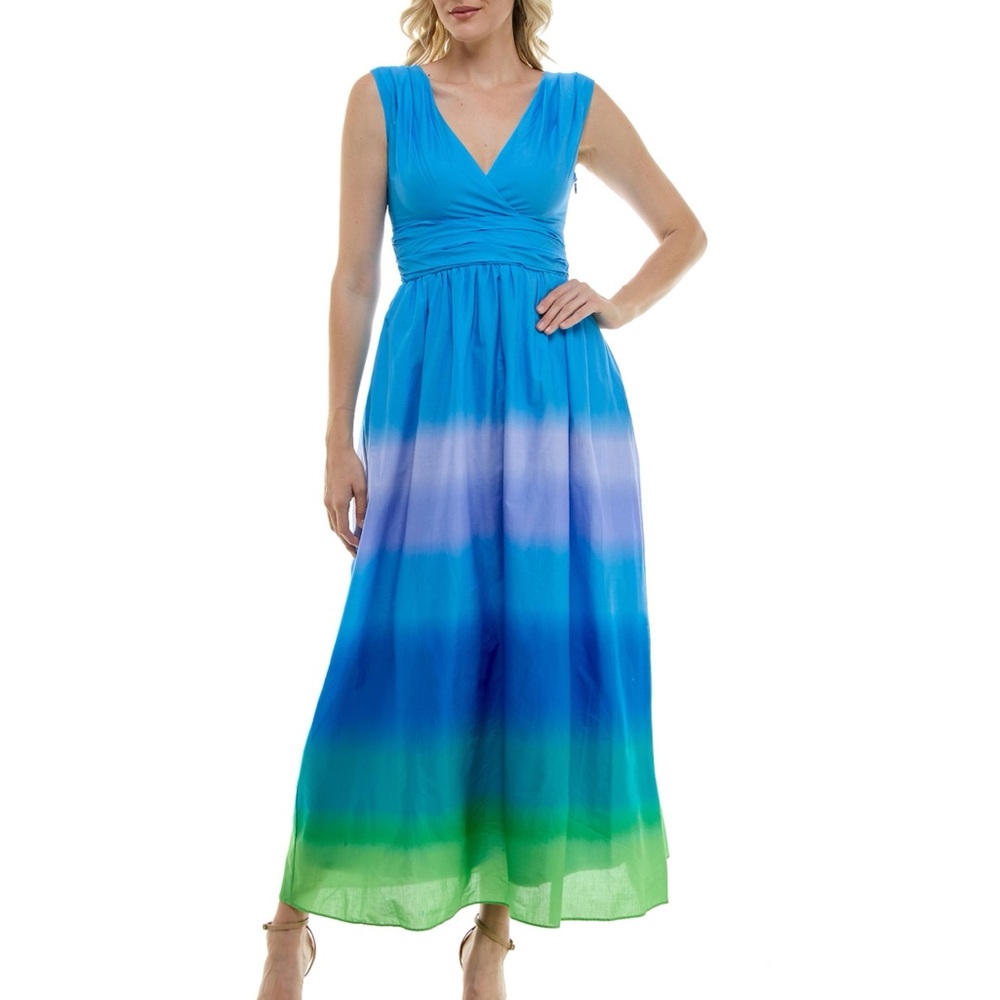 Taylor Blue Green Ombre Cotton Sleeveless V-Neck Maxi Dress Coastal Chic Size XL